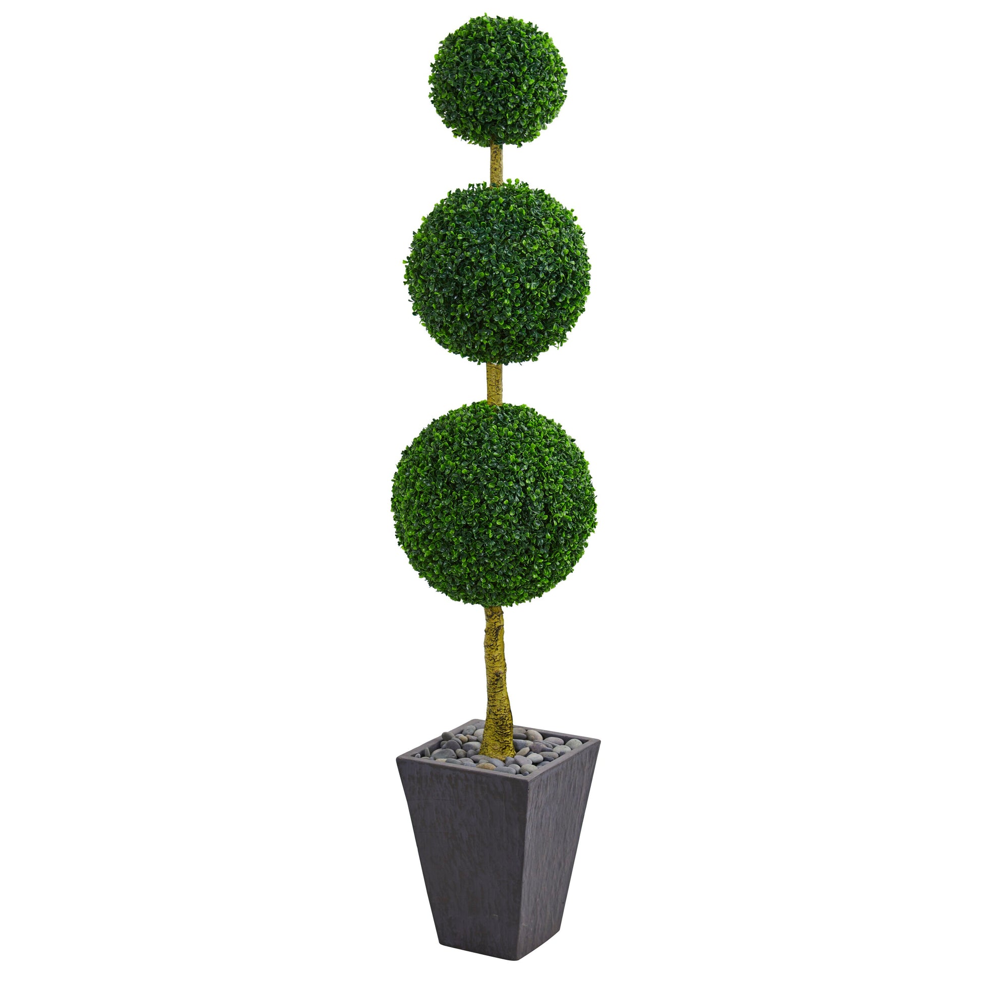 Nearly Natural  6-ft Boxwood Triple Ball Topiary Artificial Tree in Slate Planter UV Resistant (Indoor/Outdoor)