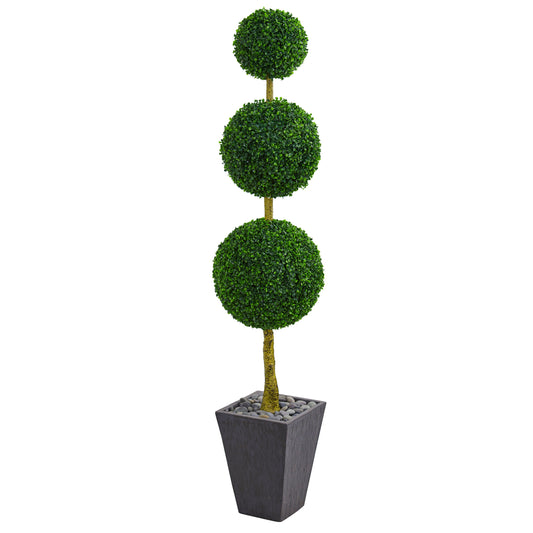 Nearly Natural  6-ft Boxwood Triple Ball Topiary Artificial Tree in Slate Planter UV Resistant (Indoor/Outdoor)
