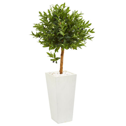 Nearly Natural  4-ft Olive Topiary Artificial Tree in White Planter UV Resistant (Indoor/Outdoor)