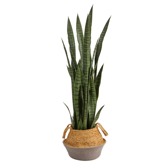Nearly Natural  46-in Artificial Sansevieria Snake Plant in Boho Chic Handmade Cotton and Jute Gray Woven Planter