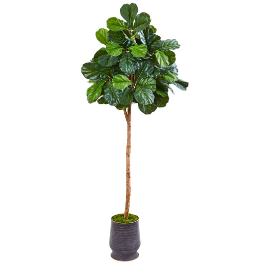 Nearly Natural  80-in Fiddle Leaf Fig Artificial tree in Ribbed Metal Planter