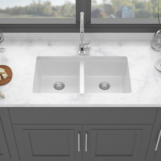 LOVMOR Kitchen Sink 33x19x10.33in White granite composite undermount kitchen sink Double Bowl(50/50)