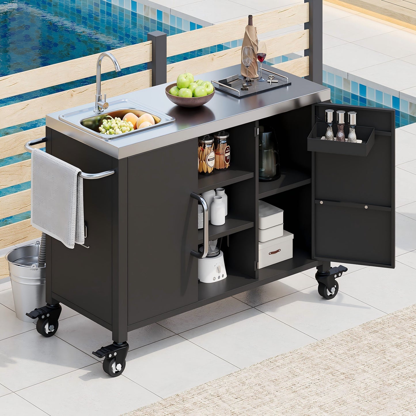 LOVMOR 55.5in Outdoor Kitchen Island with 304 Stainless Steel Sink Outdoor Bar Cart Sink Station with 4 Lockable Wheels L 55.5xW 20xH 36.7in