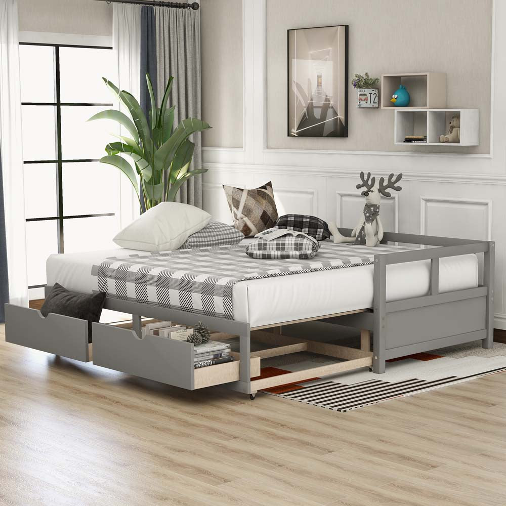 ModernLuxe Wooden Daybed with Trundle Bed and Two Storage Drawers Extendable Bed Daybed Sofa Bed for Bedroom Living Room Gray