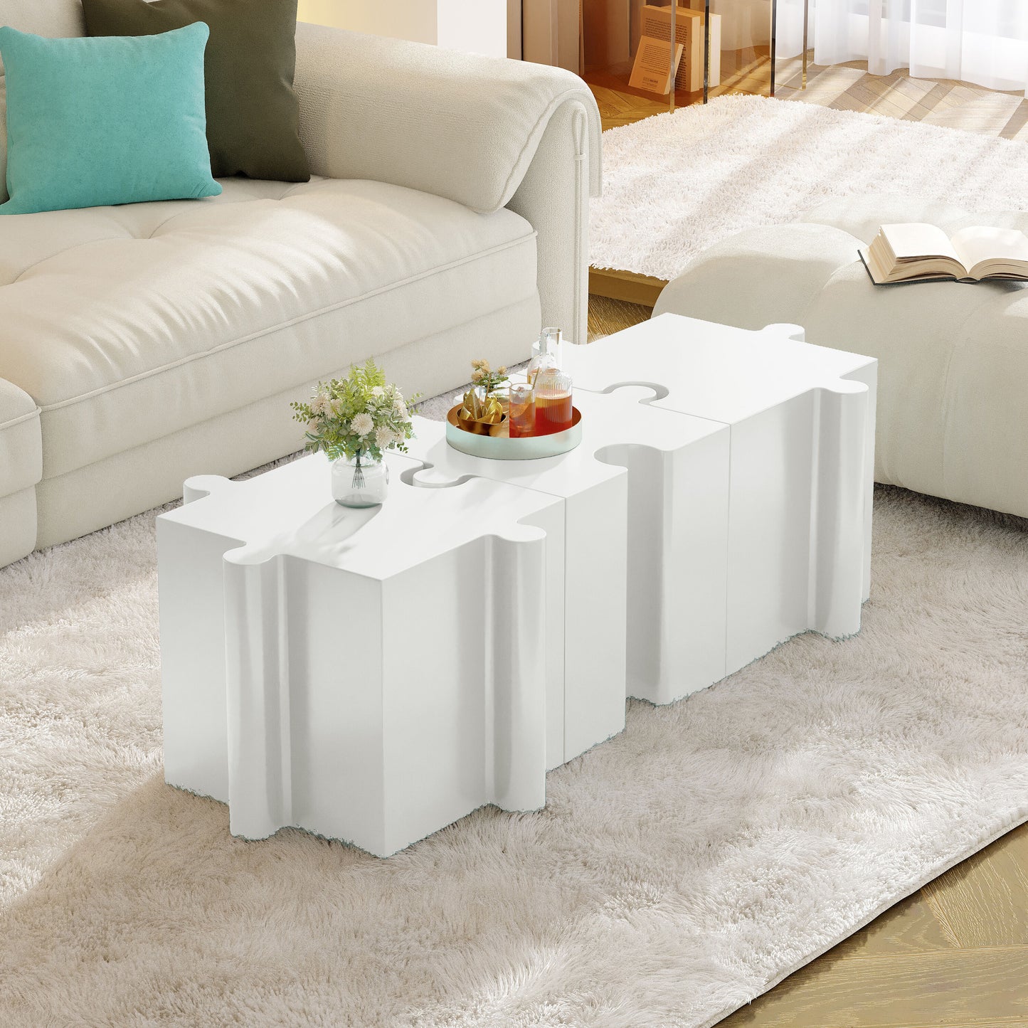 Christopher Knight Home Glyndon 3 Piece White Artistic Puzzle Table Set Modular MGO Side Tables 2 Convex 1 Concave Indoor and Outdoor