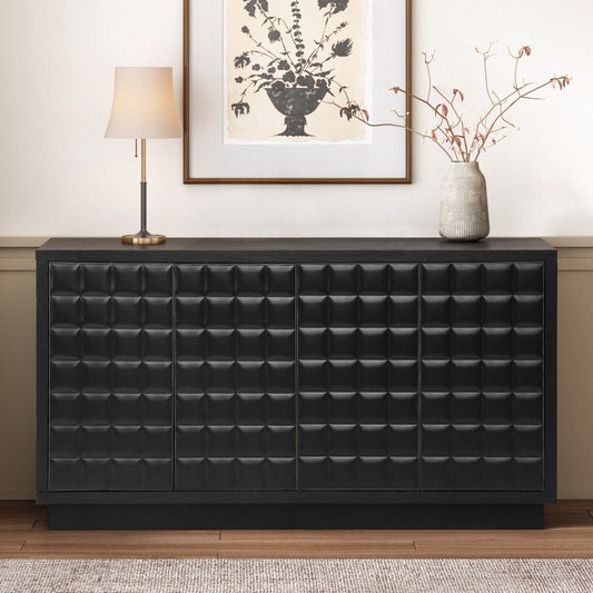 GlasFlength  Black Modern 4 Door Storage Cabinet with 3D Geometric Doors and Metal Trim Stylish Sideboard for Living Room Kitchen or Office