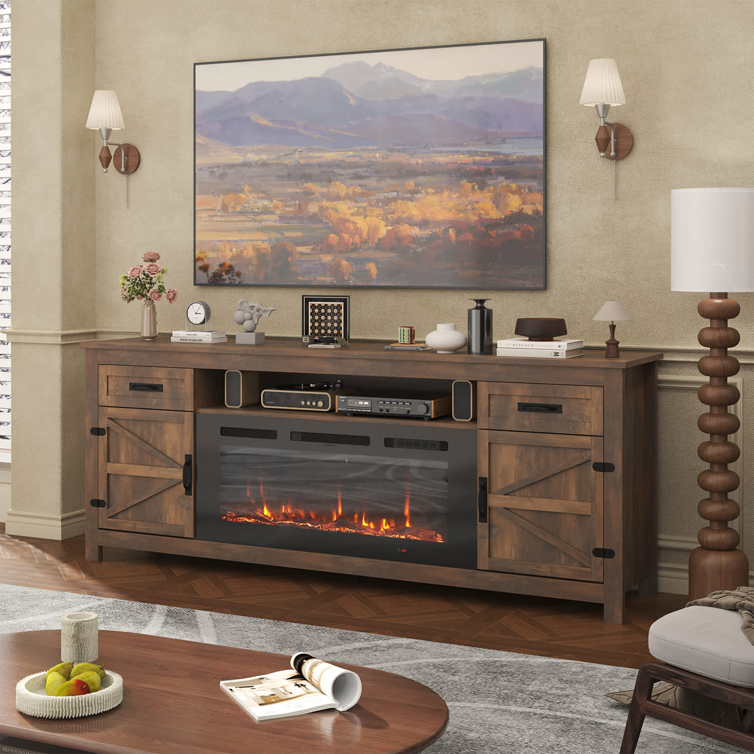 Sunmthink  70in Fireplace TV Stand with 36in Fireplace Media Entertainment Center for TVs Up to 80in with Storage Space Media Cabinet for Living Room Brown