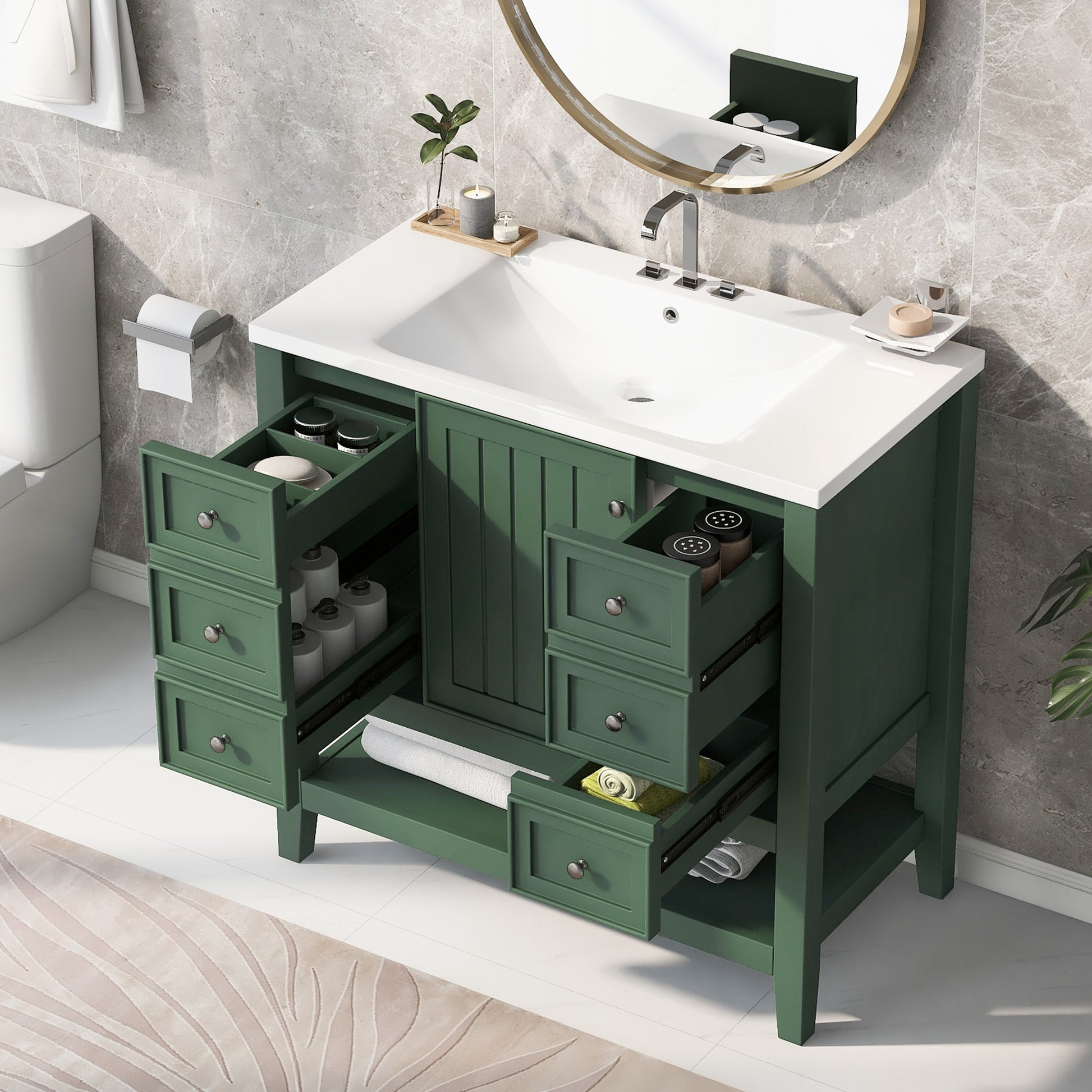 GDFStudio Maris Modern Wood 36-inch Freestanding Bathroom Vanity with Ceramic Sinkâ€“Green