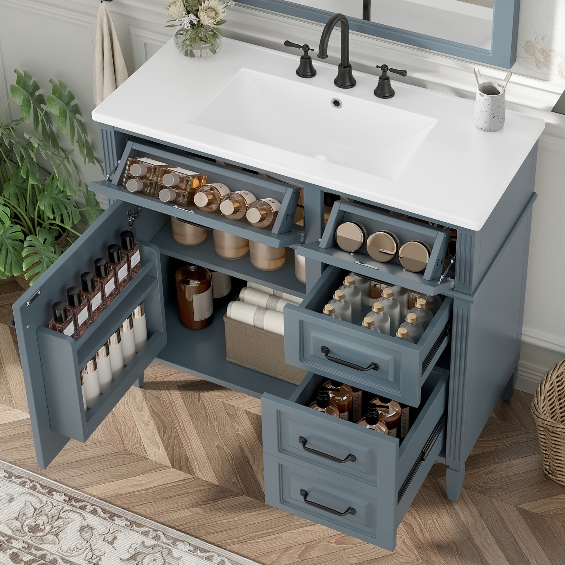 GDFStudio Aurora Freestanding Wood Modern Wood 36-inch Bathroom Vanity with Ceramic Sinkâ€“Blue Gray