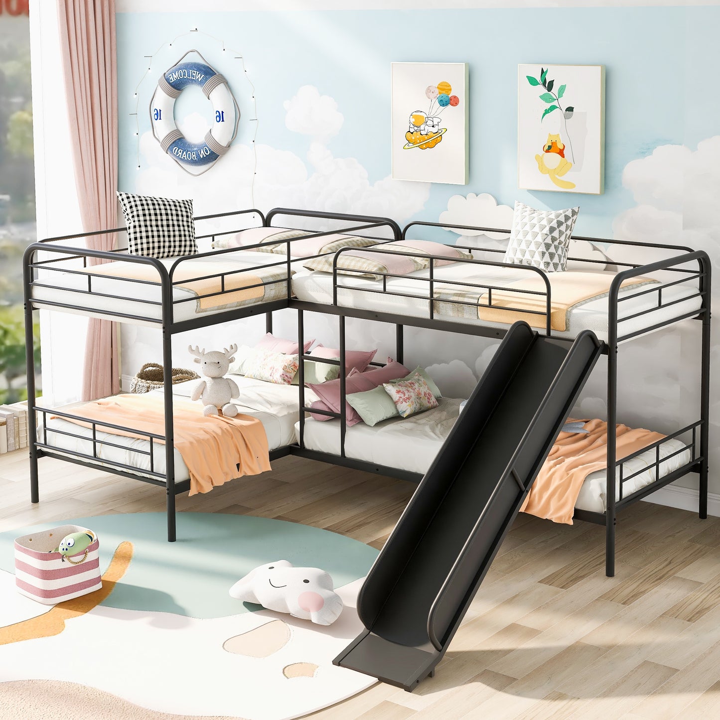 LOVMOR Twin Size L Shaped Bunk Bed with Slide and Ladder Black