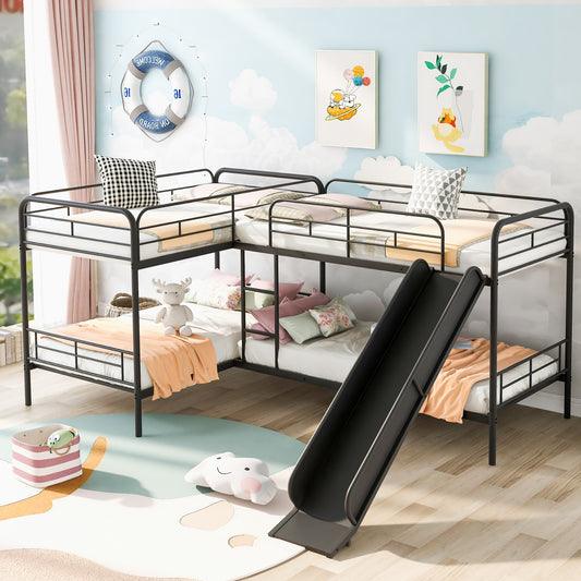 LOVMOR Twin Size L Shaped Bunk Bed with Slide and Ladder Black