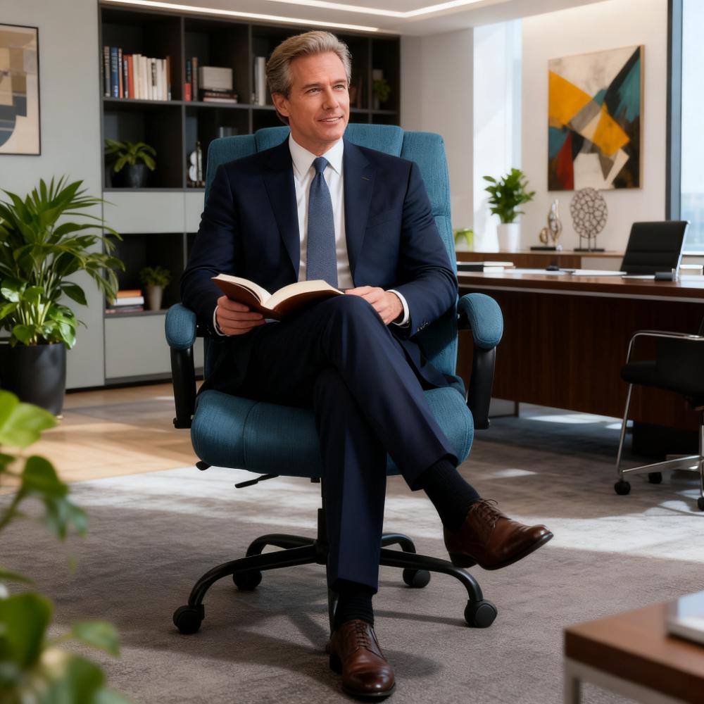 LOVMOR Comfortable Blue Fabric Executive Office Chair with Padded Arms Ergonomic Design and Swivel Wheels for Home Office