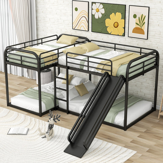 LOVMOR Full and Twin Size L Shaped Bunk Bed with Slide and Short Ladder Black