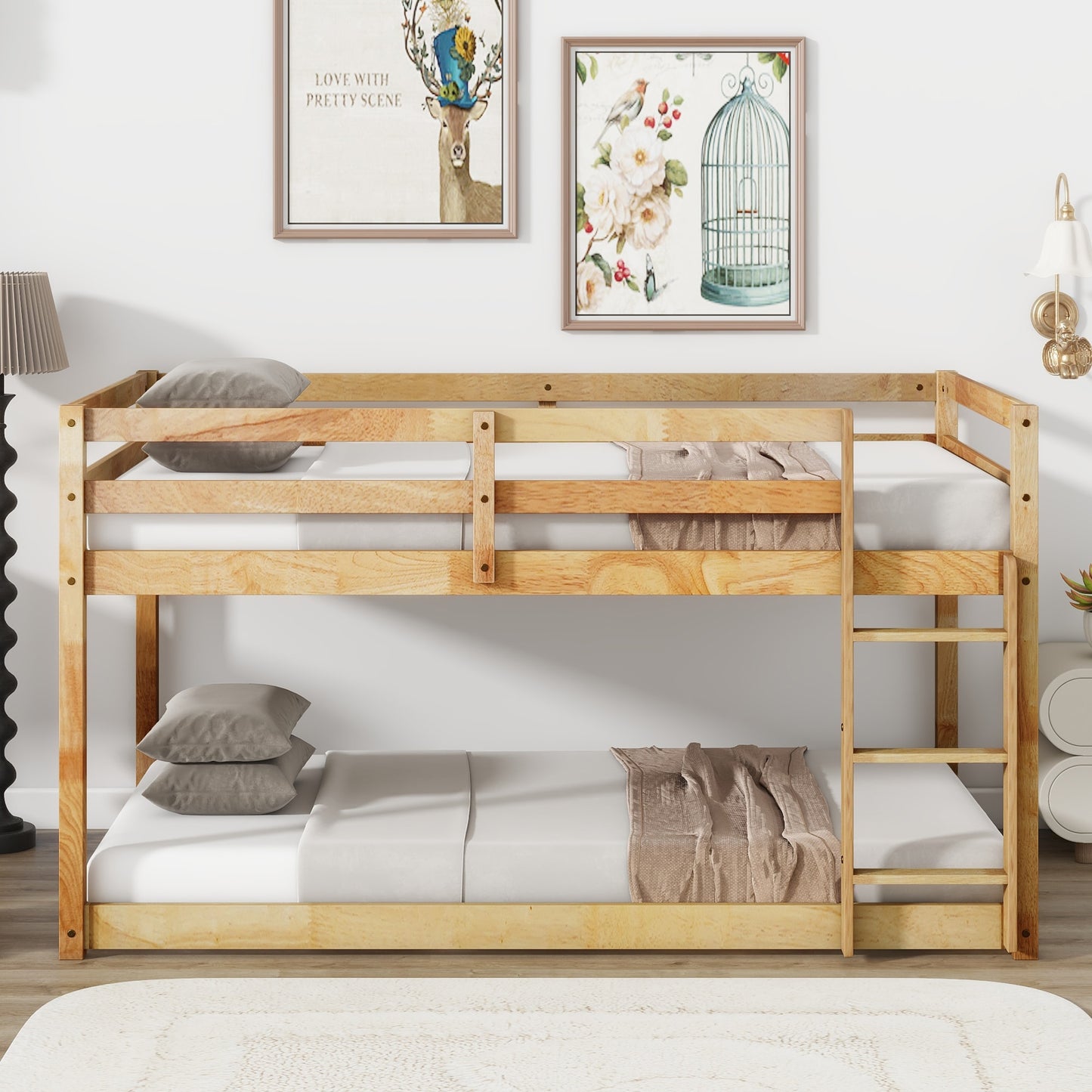 LOVMOR Solid Wooden Solid Rubber Wooden Twin over Twin Floor Bunk Bed with Ladder with Bed Platform of Strengthened Slats  Natural