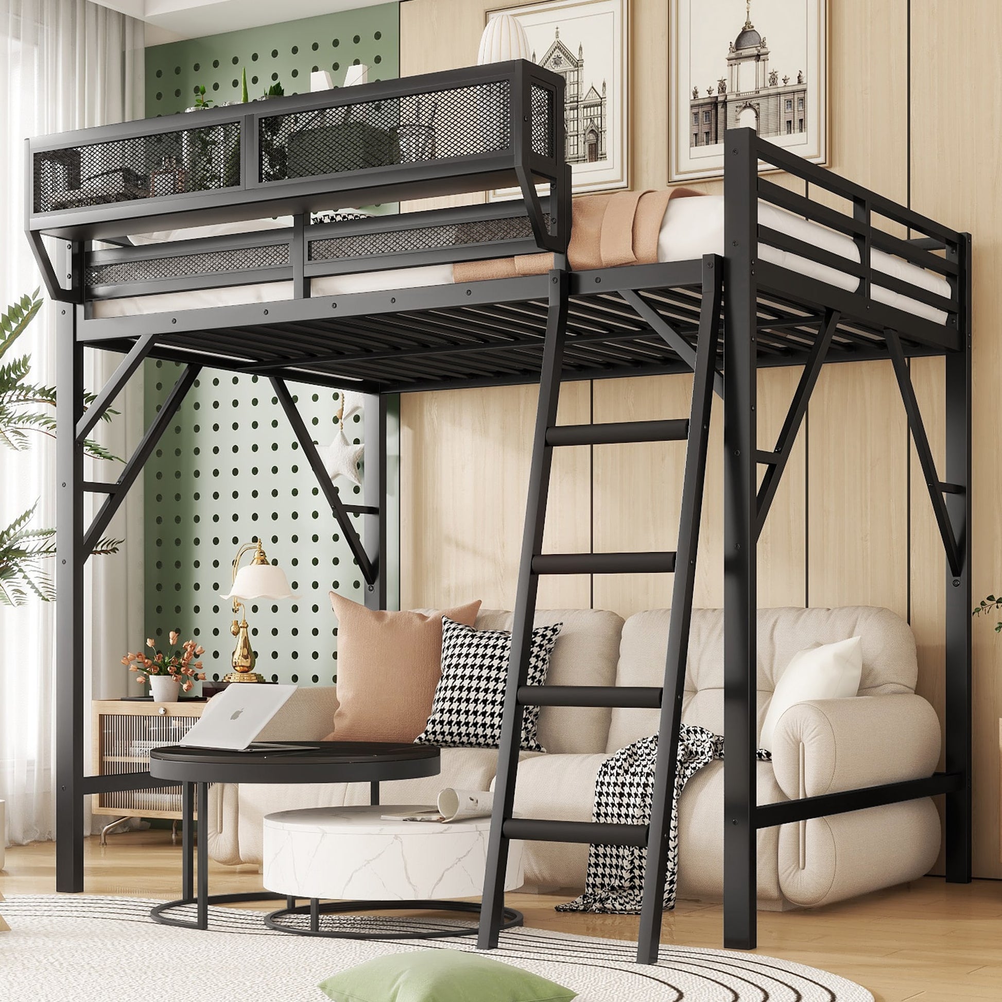 LOVMOR Queen Size Loft Bed with Ladder Metal Queen Loft Bed with Storage Shelves High Loft Bed for Kids Teens Black Expect
