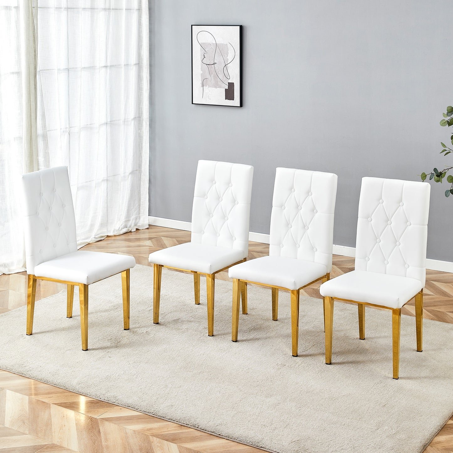 LOVMOR Set of 4 White Dining Chairs: 38.2Inch High 20.3Inch Ergonomic Backrest Gold Metal Legs Ideal for Dining Room Banquet . The grid and buckle design of the back add a vintage yet fashionable touch.