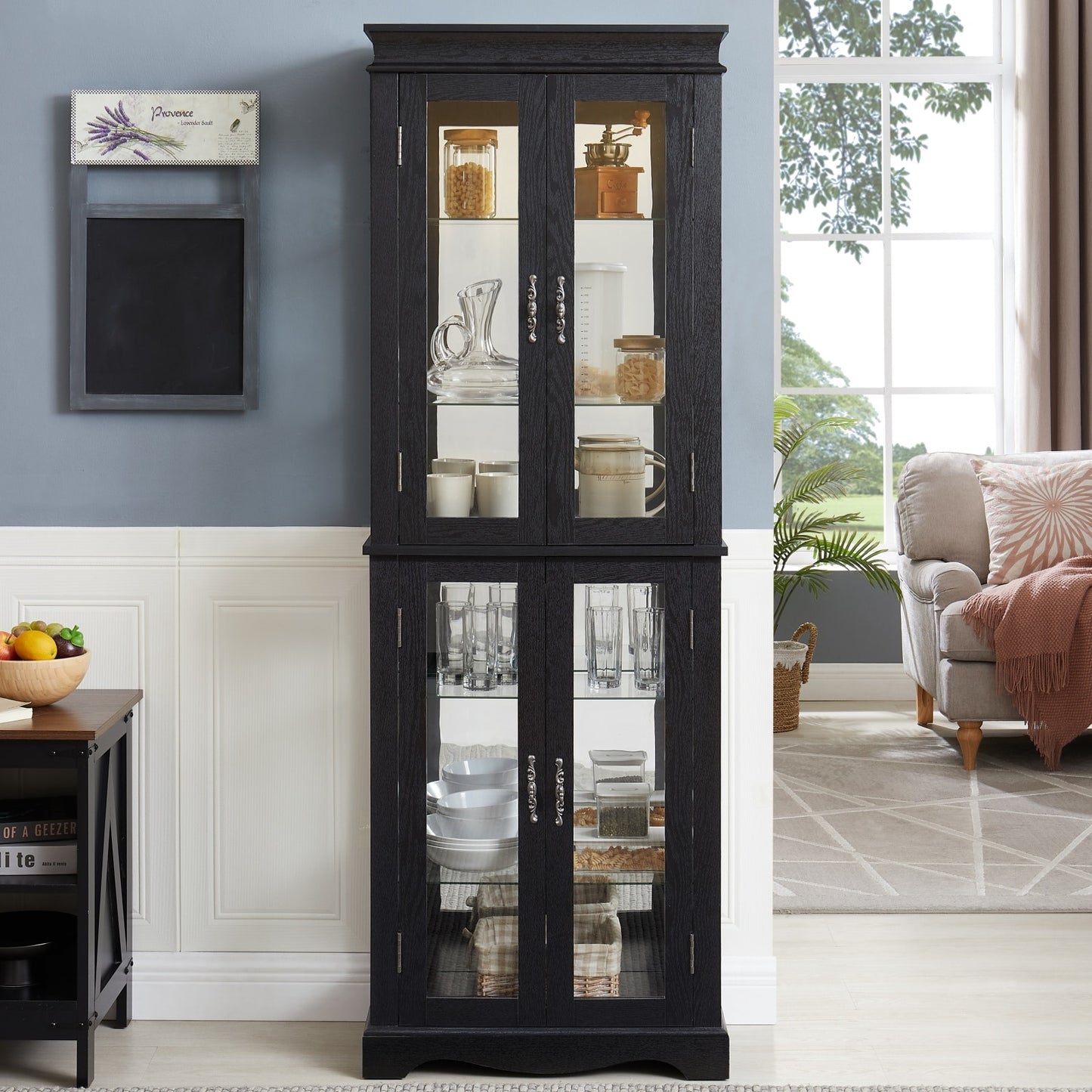 GlasFlength  Glass Display Cabinet with Adjustable Shelves Elegant Curio Display Storage Organizer for Living Room Bedroom Kitchen Pantry Black