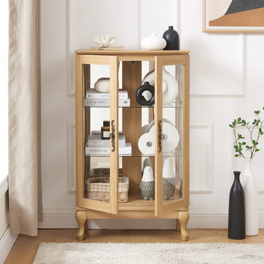 GlasFlength  Corner Display Cabinet with Adjustable Shelves Freestanding Display Storage Organizer with Double Doors for Living Room Oak