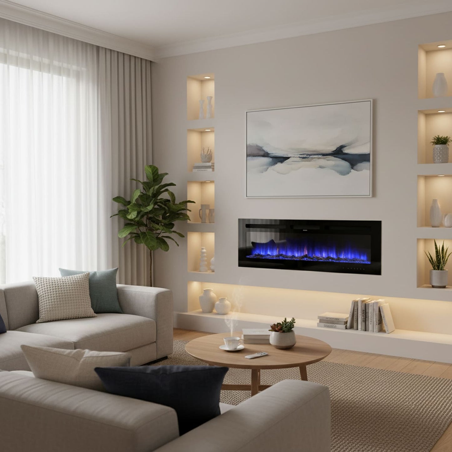 Mondawe 50-in W Black Wall mount Fan-forced Electric Fireplace with Remote Control Included