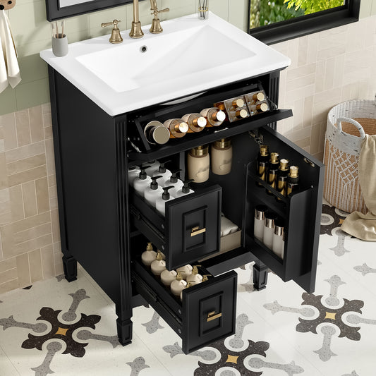 ModernLuxe 24-Inch Bathroom Vanity with Sink Solid Wood and MDF Cabinet with One Flip Drawer Two Standard Drawers and Adjustable Shelf Freestanding Black Vanity for Bathroom Storage