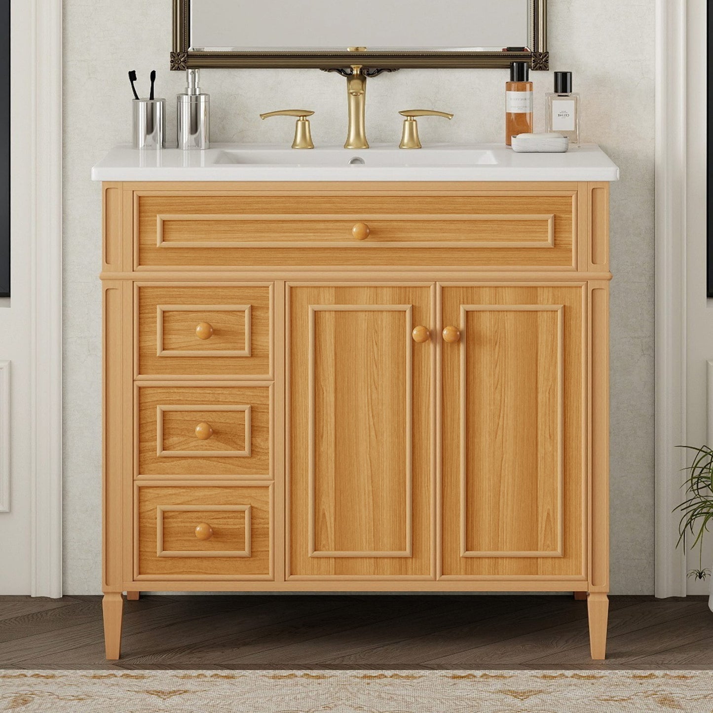 ModernLuxe 36inch Bathroom Vanity with Sink Wood Vanity Cabinet with Flip-Out Drawer 3 Drawers 2 Soft-Close Doors Solid Wood and MDF Elegant Rubber Wood Handles