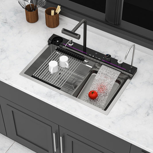 Tatayosi 30inch Kitchen Sink Waterfall Sink Multifunction Single Bowl 16 Gauge Stainless Steel Ledge Workstation Smart Digital