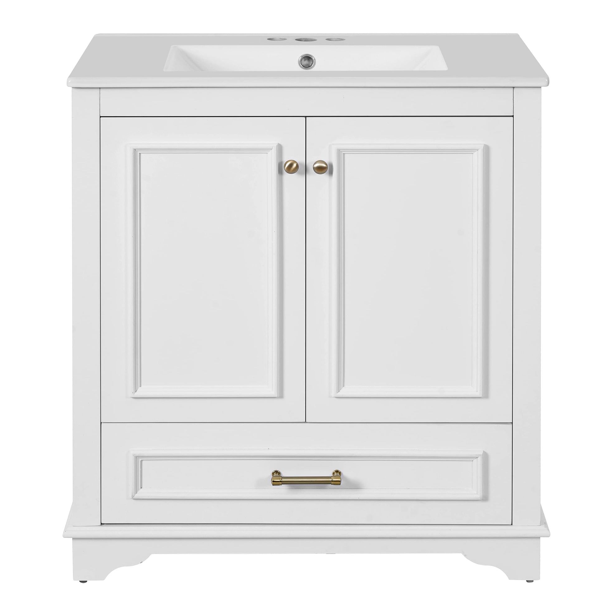 Vynxaria  30 Inch Luxurious Bathroom Vanity Ceramic Sink 2 Soft Closing Doors Solid Wood Frame Storage Cabinet with Shelf White