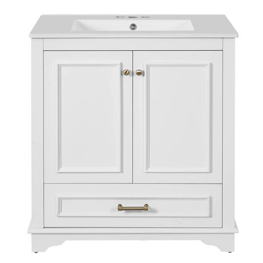 Vynxaria  30 Inch Luxurious Bathroom Vanity Ceramic Sink 2 Soft Closing Doors Solid Wood Frame Storage Cabinet with Shelf White