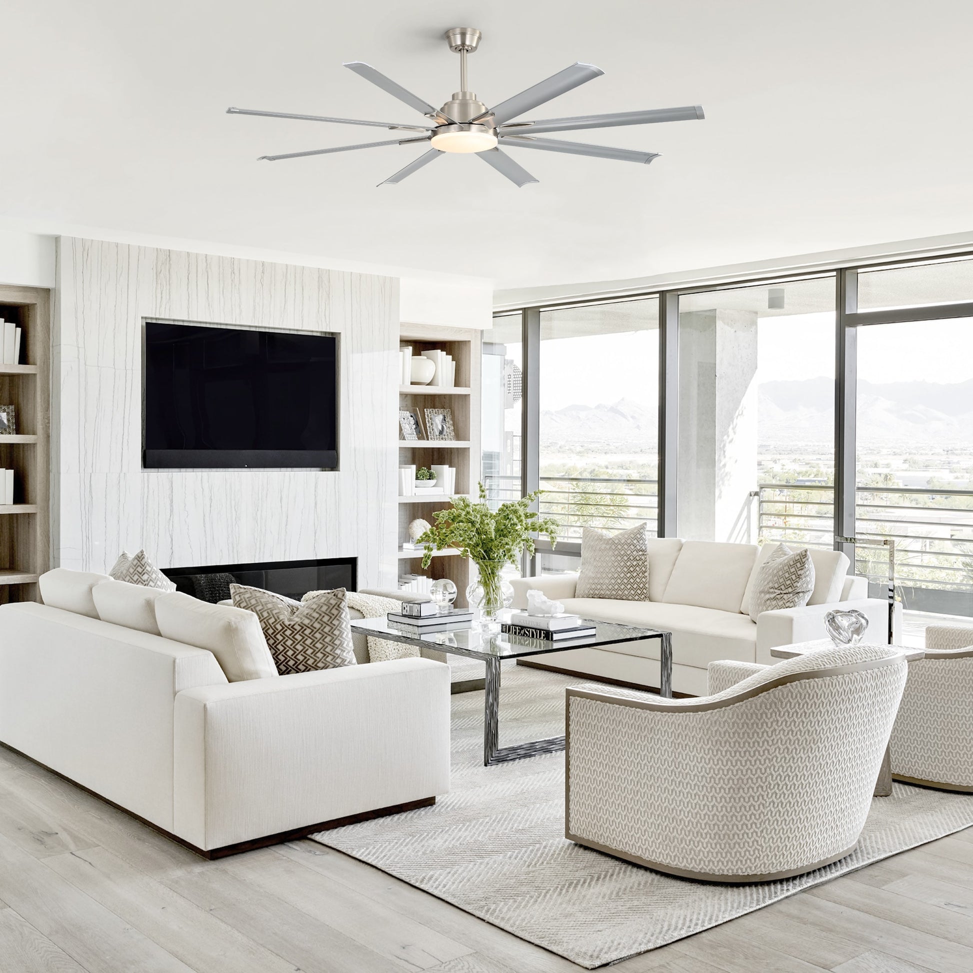 BABOOM 72 Inch Smart Ceiling Fan with Light 72-in Nickel with Aluminium Blades Color-Changing Integrated LED Smart Bladeless Ceiling Fan With Light 8 -Blade