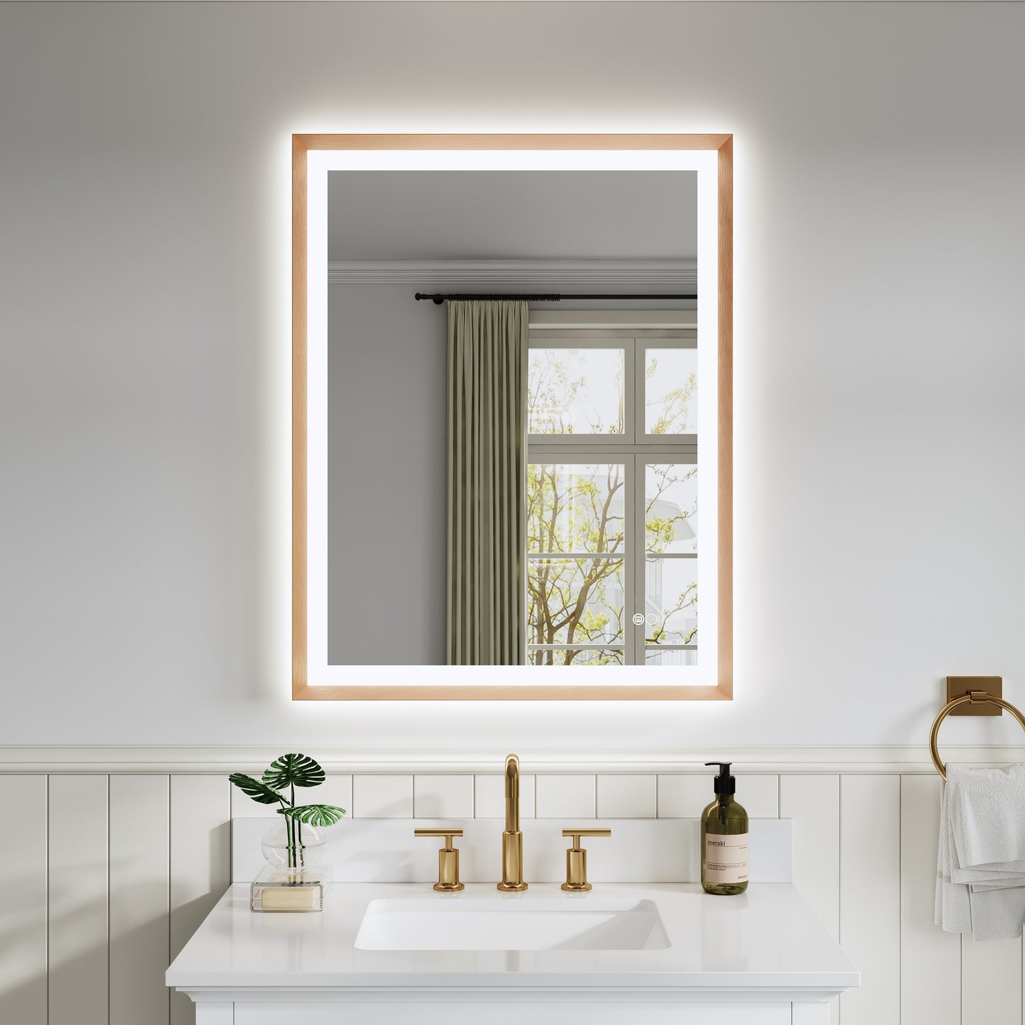 CALVON Liora Framed LED Mirror 28-in x 36-in Framed Rectangle Dimmable LED Lighted Fog Free Bathroom Vanity Mirror ( Gold )