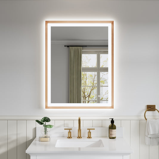 CALVON Liora Framed LED Mirror 28-in x 36-in Framed Rectangle Dimmable LED Lighted Fog Free Bathroom Vanity Mirror ( Gold )