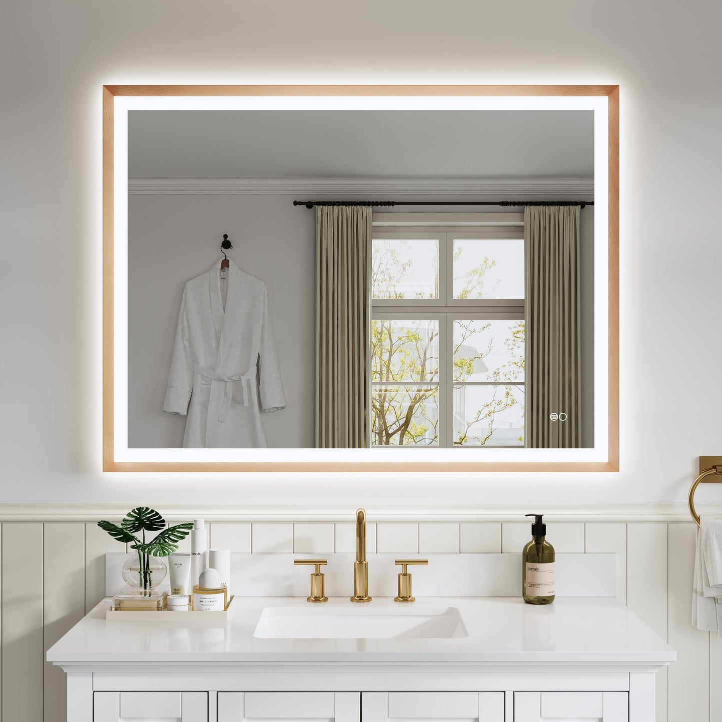 CALVON Liora Framed LED Mirror 48-in x 36-in Framed Rectangle Dimmable LED Lighted Fog Free Bathroom Vanity Mirror ( Gold )
