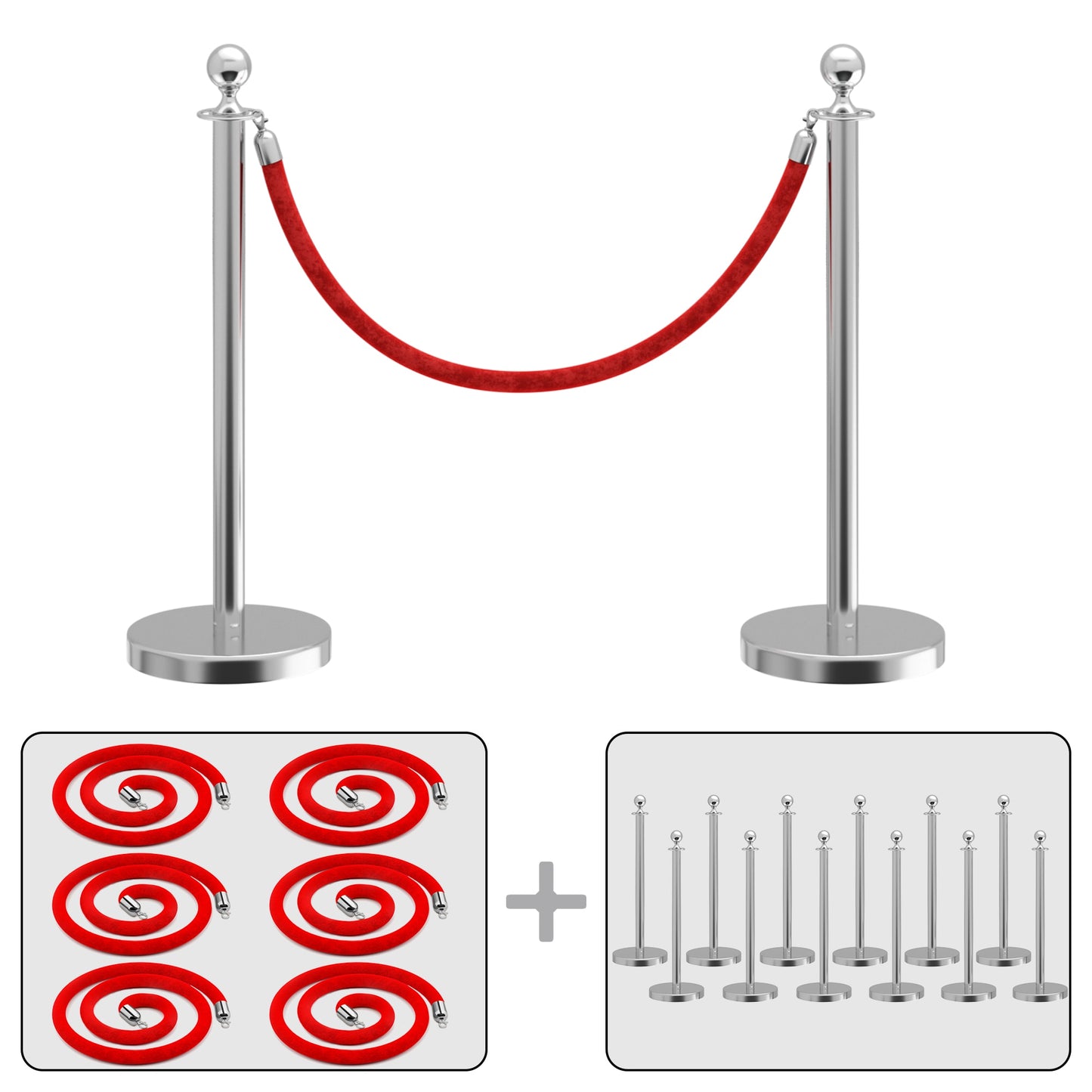 LOVMOR 12 Pack Silver Stainless Steel Crowd Control Barrier 38 inch H with Ball Top and 5 feet Red Rope