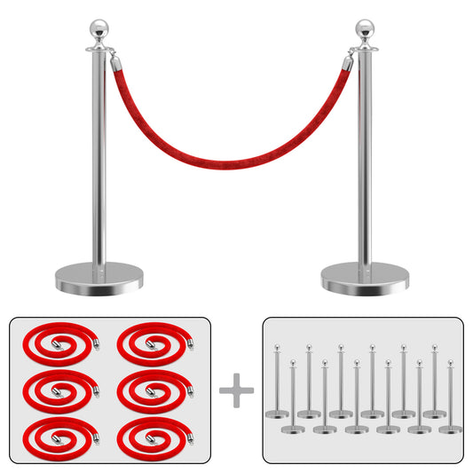 LOVMOR 12 Pack Silver Stainless Steel Crowd Control Barrier 38 inch H with Ball Top and 5 feet Red Rope