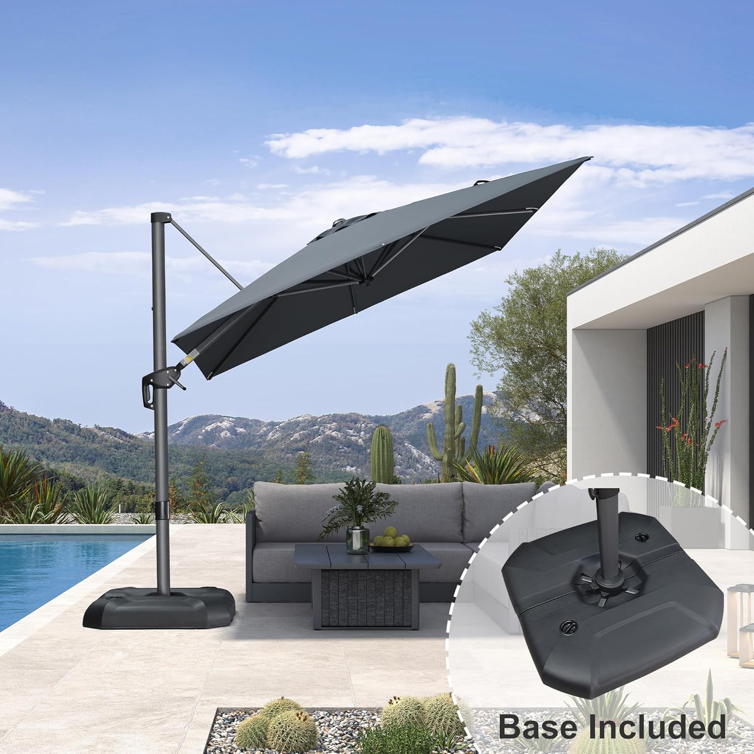 PURPLE LEAF 8-ft Aluminum Gray Crank Cantilever Patio Umbrella with Base