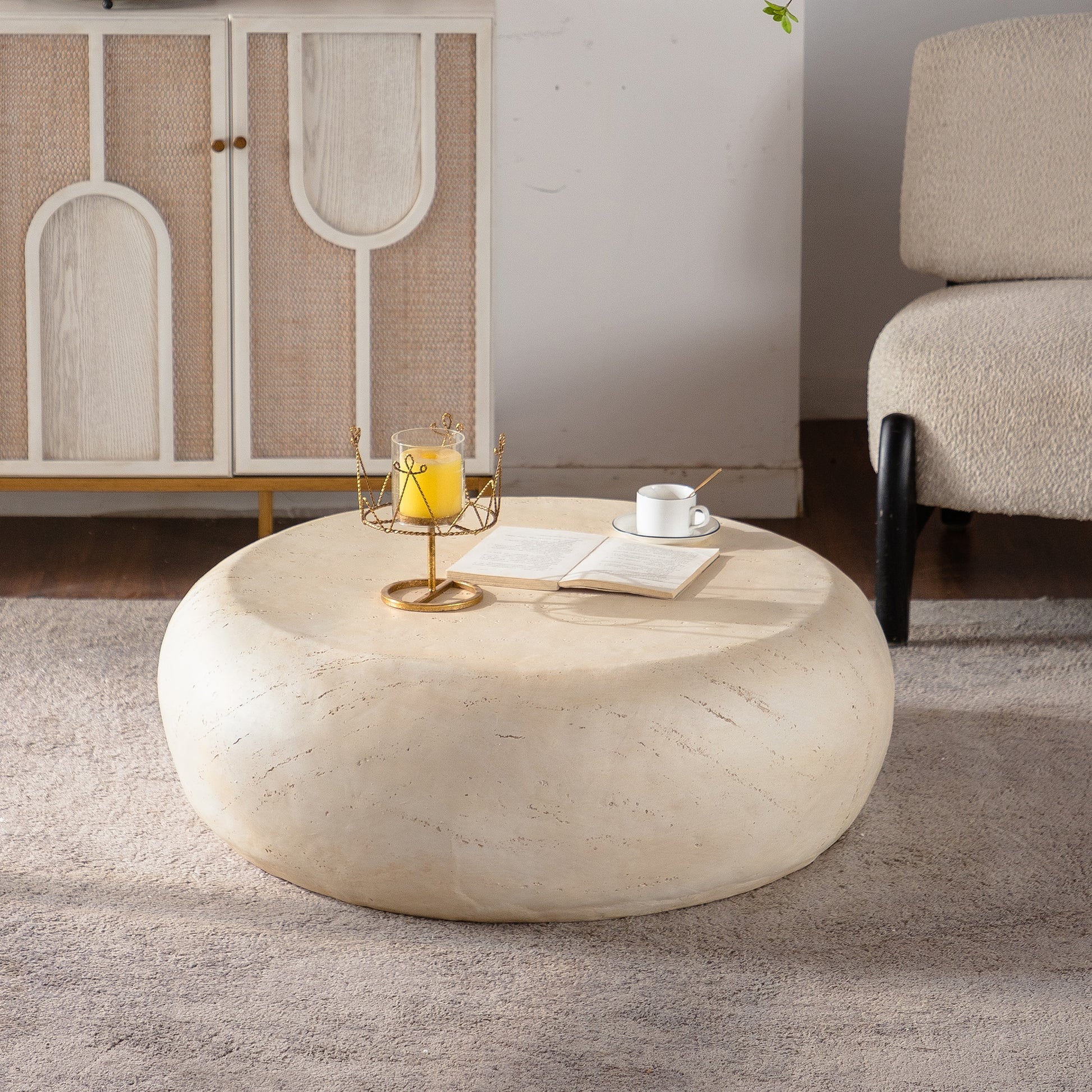 LOVMOR Mid Century Round Centre Coffee Table Vintage Faux Stone Sofa Pre Modern Coffee Tables Beige Coffee Table for Living Room Office Apartment