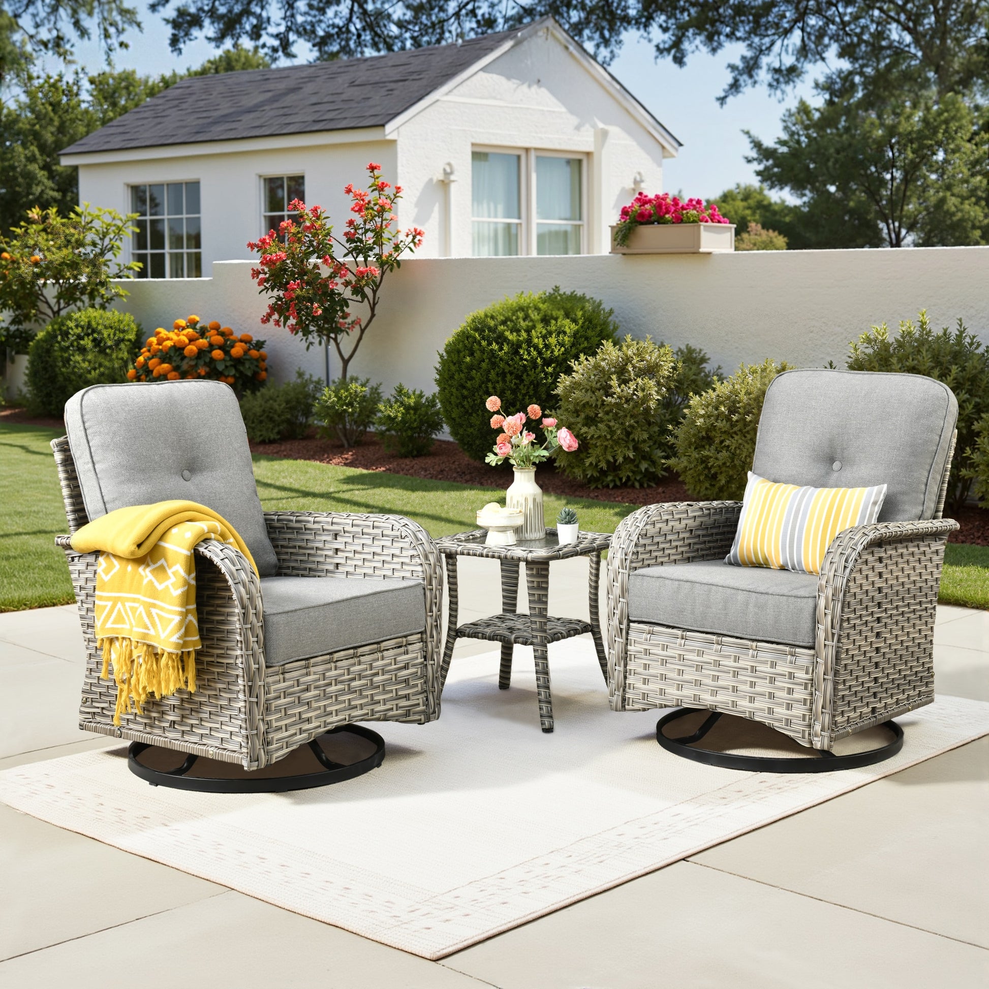 Toject Gray 3-Piece Wicker Outdoor Patio Conversation Swivel Rocking Chair Seating Set with Dark Gray Cushions