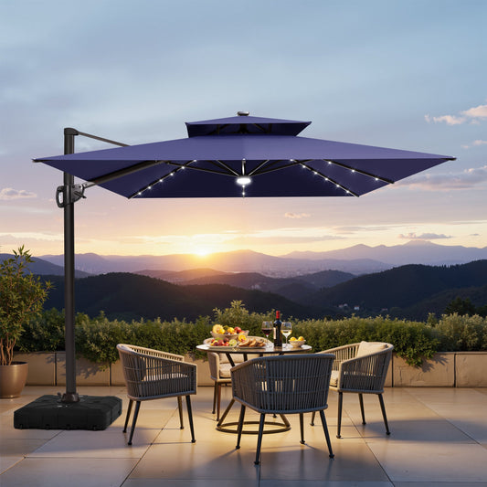 Crestlive Products 11-ft Aluminum Navy Crank Cantilever Patio Umbrella with Lights with Base