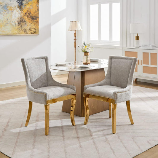 Maison Boucle Set of 2 Beige Chenille Upholstered Dining Chairs with Gold Metal Legs and Nailhead Trim