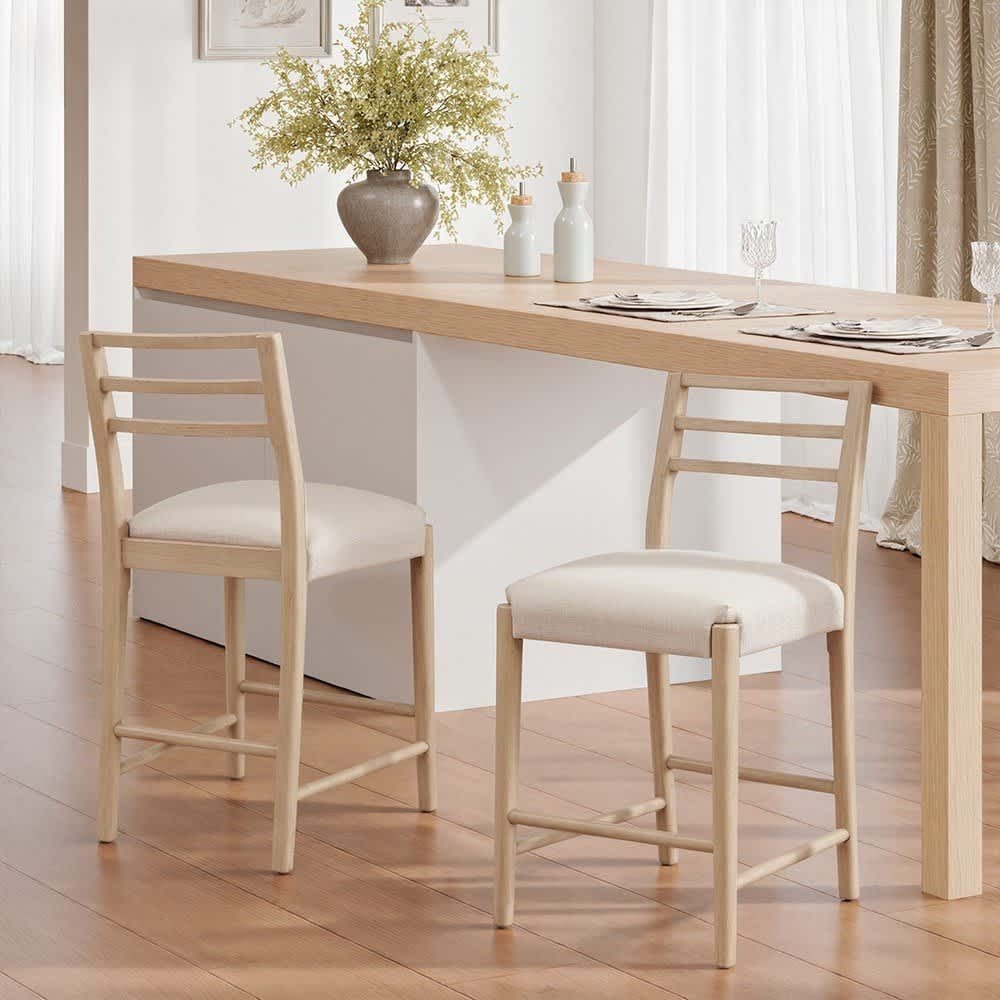 Coolbibila Set of 2 Ladder Back Beige Upholstered Counter Stools with Rubberwood Frame for Kitchen Island