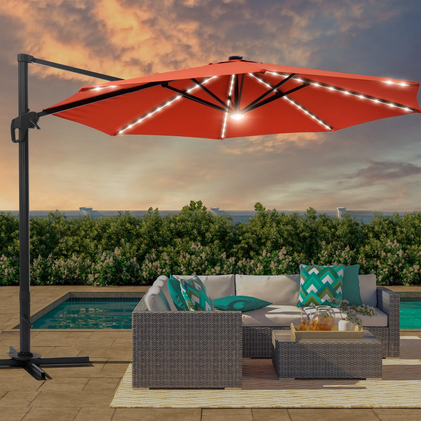 Sonkuki 11-ft Aluminum Orange No-tilt Cantilever Patio Umbrella with Lights