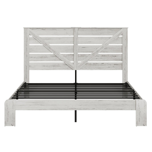 Vynxaria  King Size Bed Frame With Headboard White Industrial Style Heavy Duty Steel 800 Lbs Noise Free No Box Spring Needed