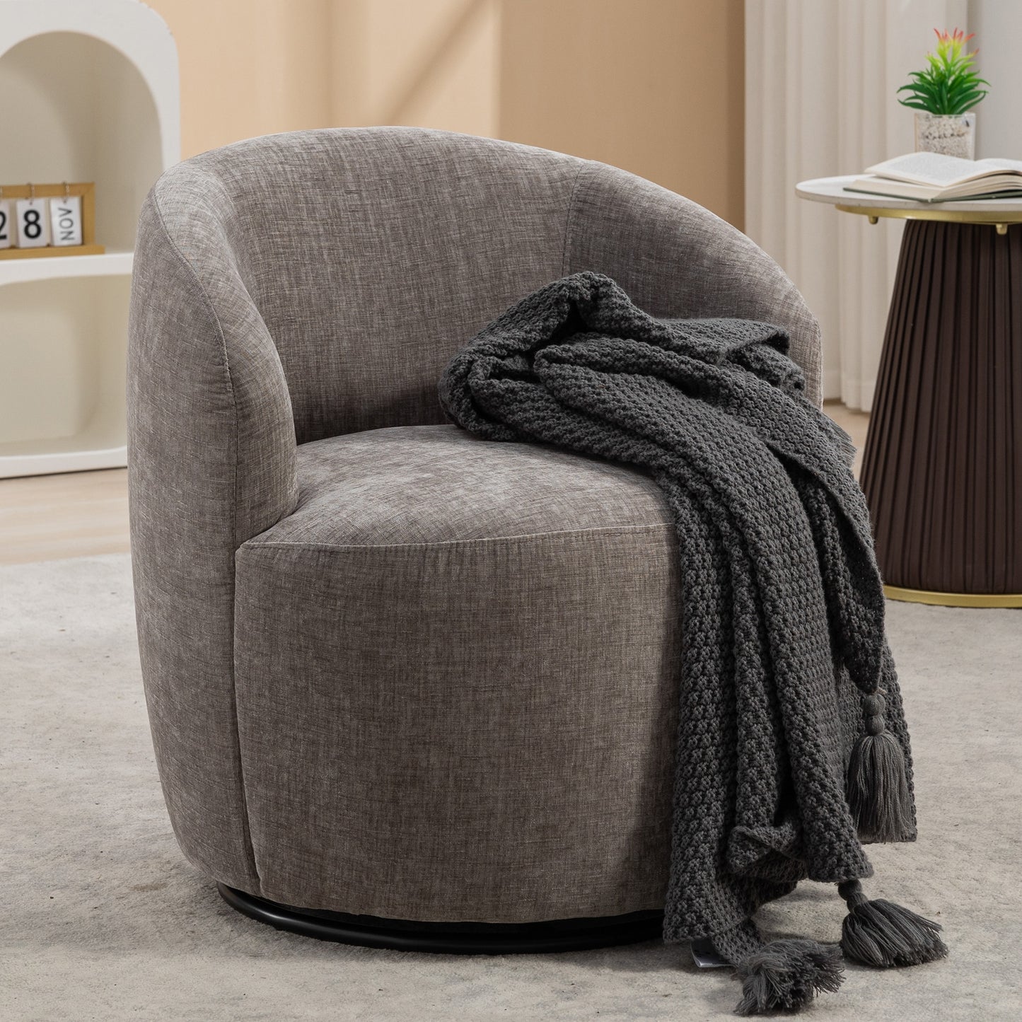 GDFStudio Chenille Fabric Swivel Accent Armchair Barrel Chair With Black Powder Coating Metal RingGray