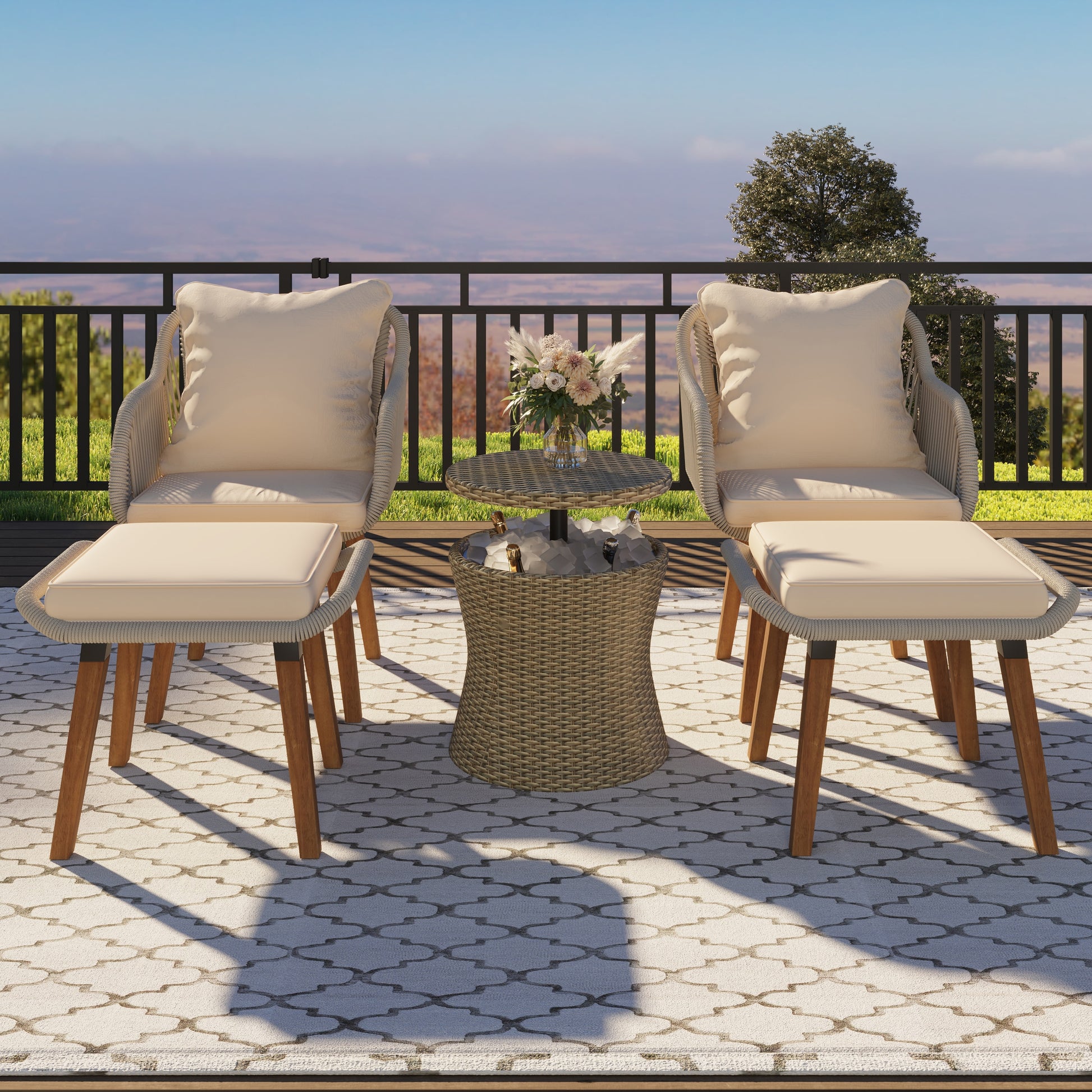 Moda Furnishings Giga 5 -Piece Woven Patio Conversation Set with Beige GIGA Cushions