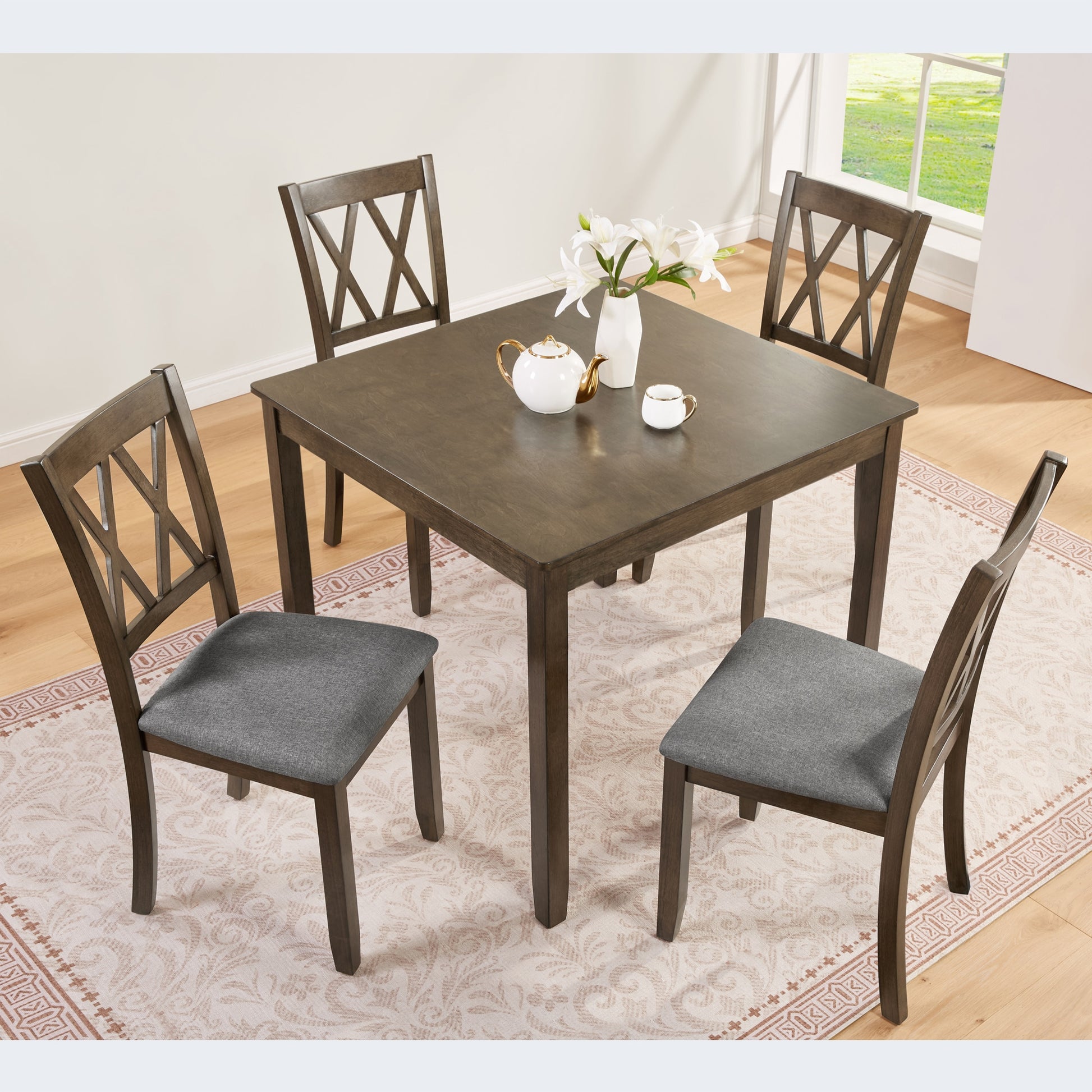 GlasFlength  Five Piece Wooden Dining Table Set with Four Chairs Modern Square Dining Set for Kitchen Dining or Living Room Walnut offering a clean contemporary design suitable for versatile family dining use