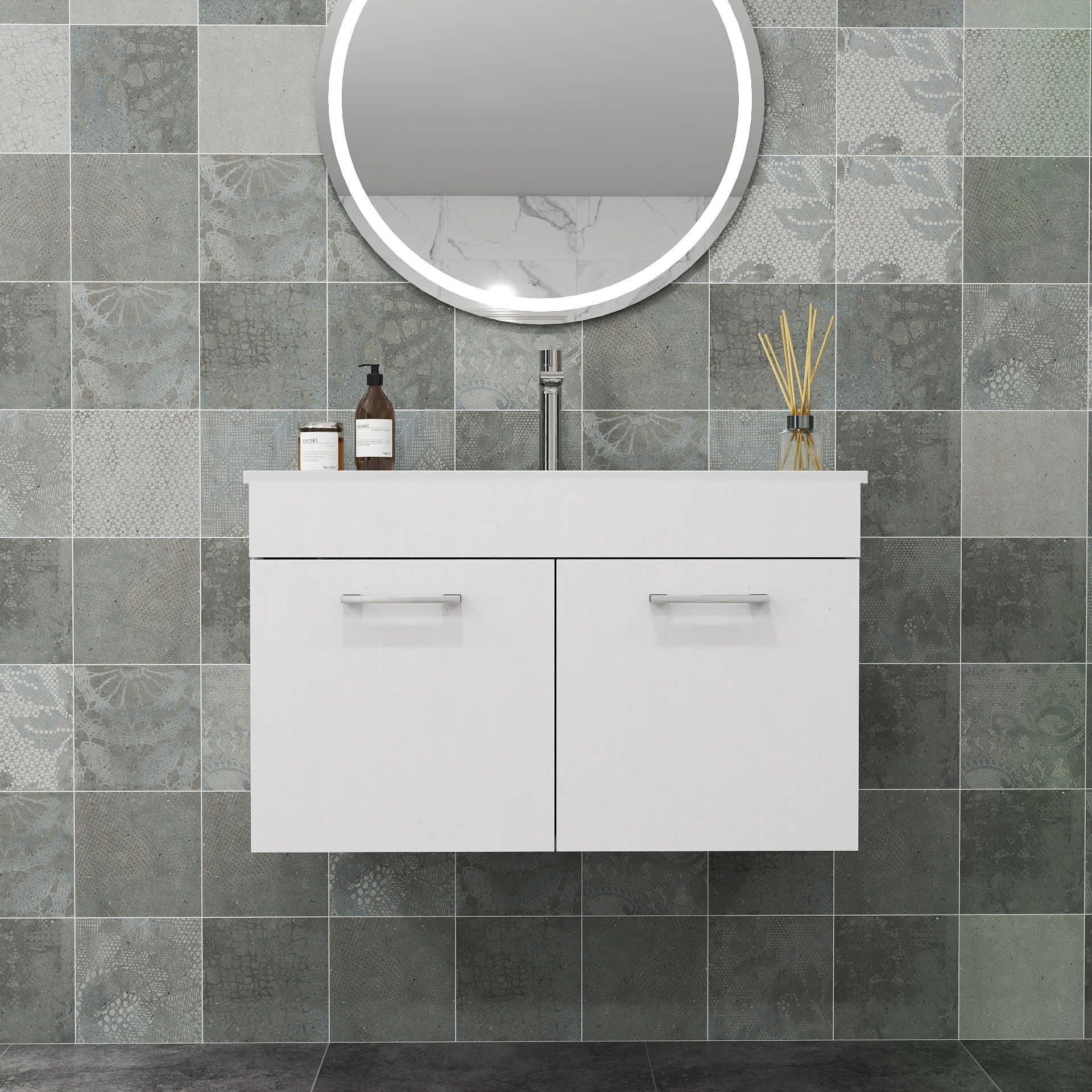 Vynxaria  32 in 1 Sink Wall-Mounted Vanity Glossy White Bath Vanity with White Ceramic Top Double Doors Soft Close Hinges Metal Handle