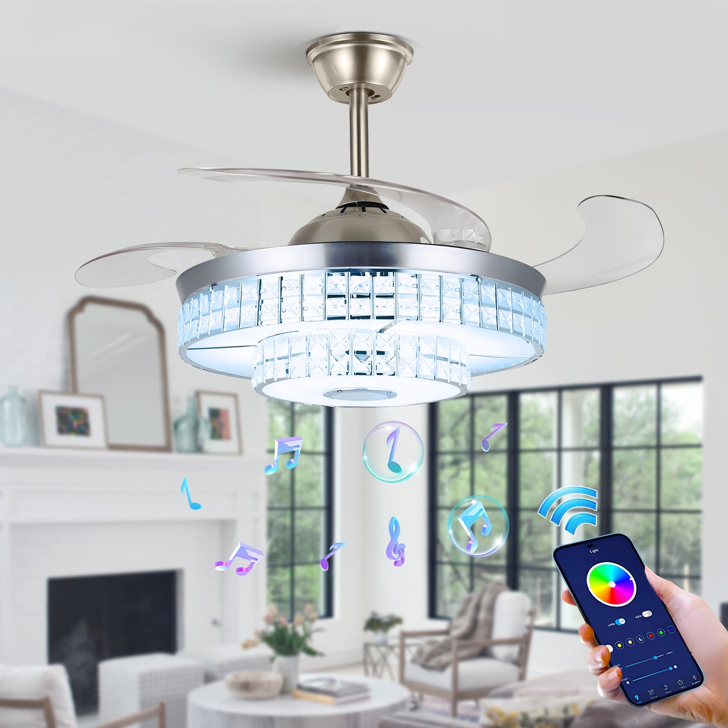 EFPERFECT 42 Inch Smart Chrome Ceiling Fan with Bluetooth Speaker Retractable Blades and RGB Color Lighting Remote