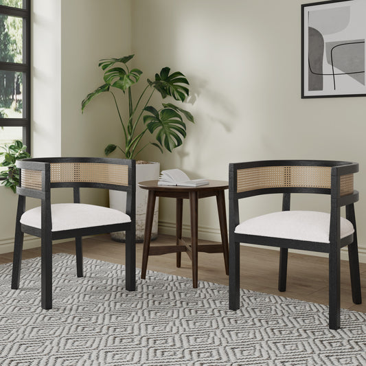 Christopher Knight Home Modern 3 Piece Rubber Wood Dining Set with Upholstered Cane Rattan Backrest Chairs and Circular Dining Table Beige Black Brown