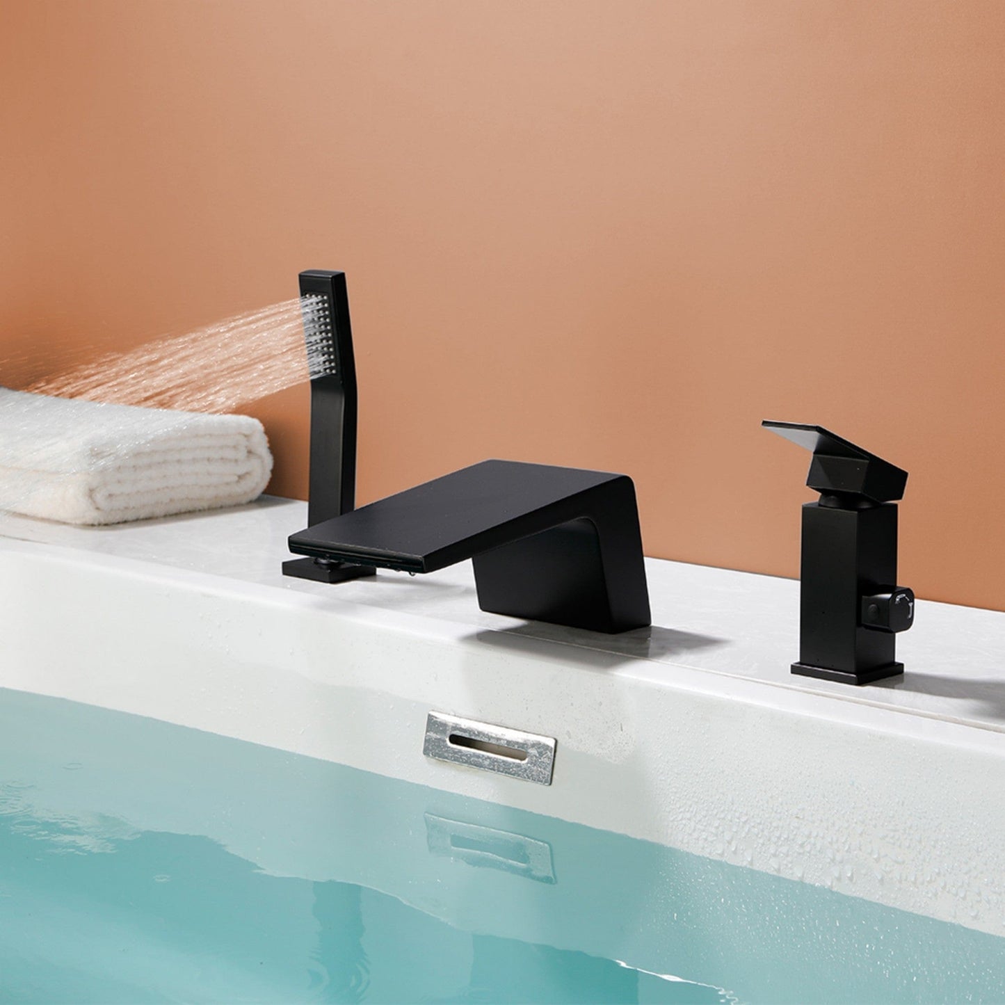 Boyel Living Black Bathtub Waterfall Faucet with Hand Shower and Separate Hot/Cold Handles