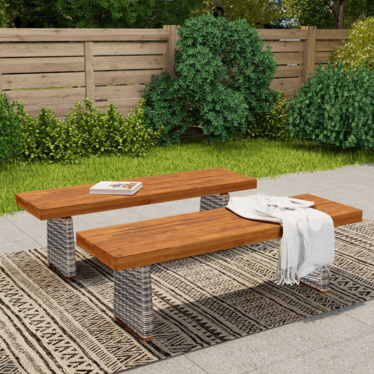 Christopher Knight Home Outdoor 2 Piece Acacia Wood Bench Set Teak Finish and Grey Wicker